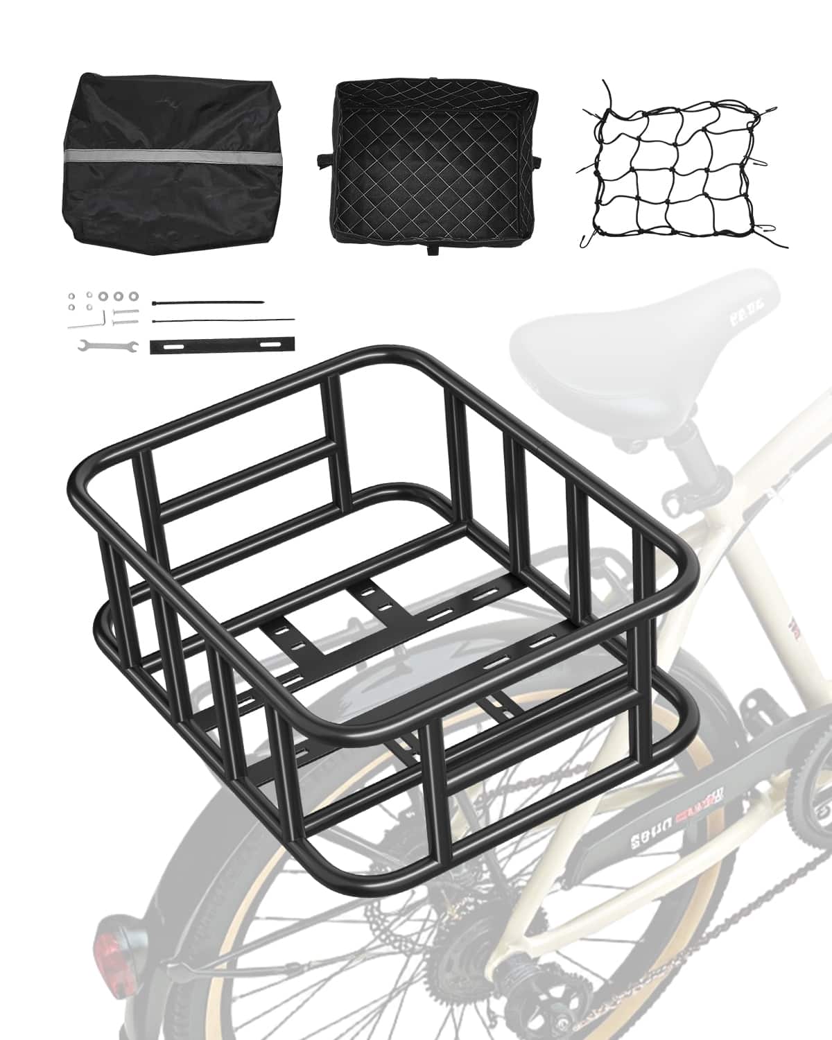 VEVOR - Rear Bike Basket, Medium Bicycle Basket with Cargo Net, Liner & Waterproof Cover, Heavy Duty Bike Back Basket - Black