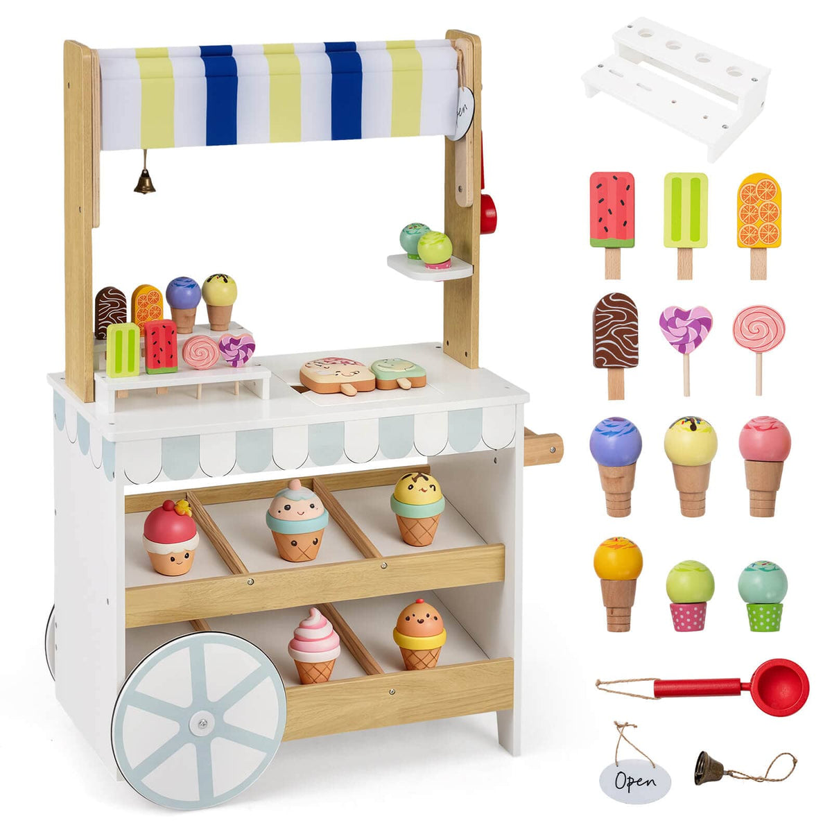 Costway - Wooden Ice Cream Cart for Kids 2-in-1 Grocery Store Playset with Display Shelves - Multicolour