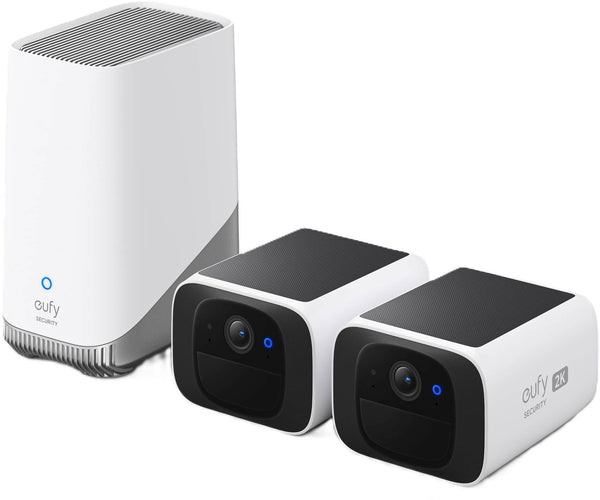 eufy - SoloCam S220, 2-Outdoor Wireless 2K Solar Powered Security Cameras with Homebase 3 - White