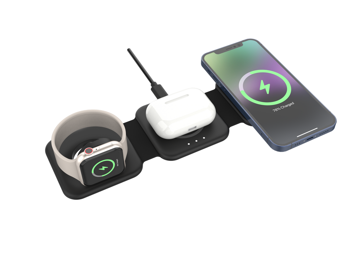 Energizer - 3-in-1 15W Foldable Magnetic MagSafe/Qi2 Compatible Fast 15W Charger Charging Station for iPhone + AirPods + Apple Watch - Black