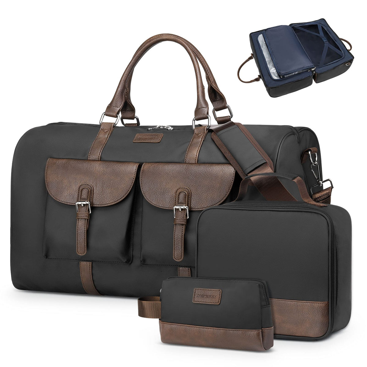 Unique Bargains - 3pcs Lay-Flat Duffel Bag Set Stylish Weekend Travel Set with Laptop Sleeve & Wet/Dry Storage Carry-On & Short Getaways - Black