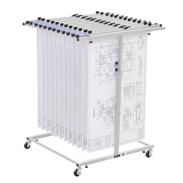 Front. VEVOR - Blueprint Storage Rack, Steel, Mobile Adjustable Blueprint Holder, Vertical Drawing Rack with Wheels - Light Gray.