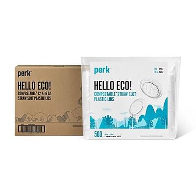 Perk - Eco Compostable Straw Slot Plastic Lid, 12/16 Oz., 500/Pack - Clear