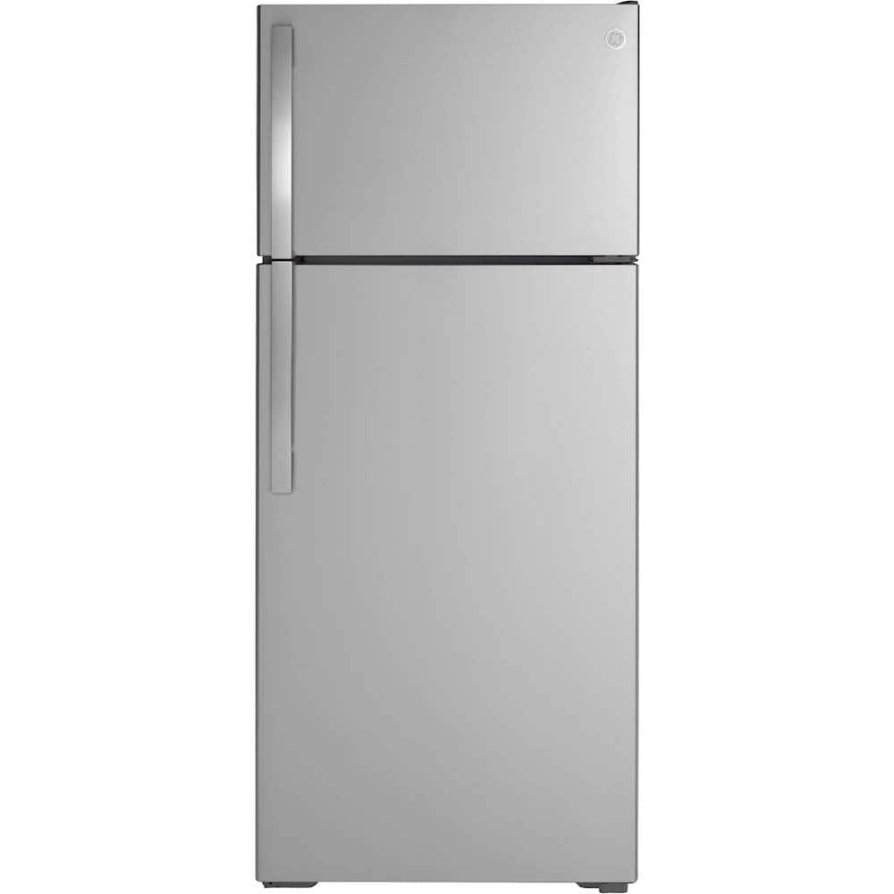 GE - 28 in. Wide 17.5 Cu. Ft. Top-Freezer Refrigerator with Edge-to-Edge Glass Shelves - Stainless Steel