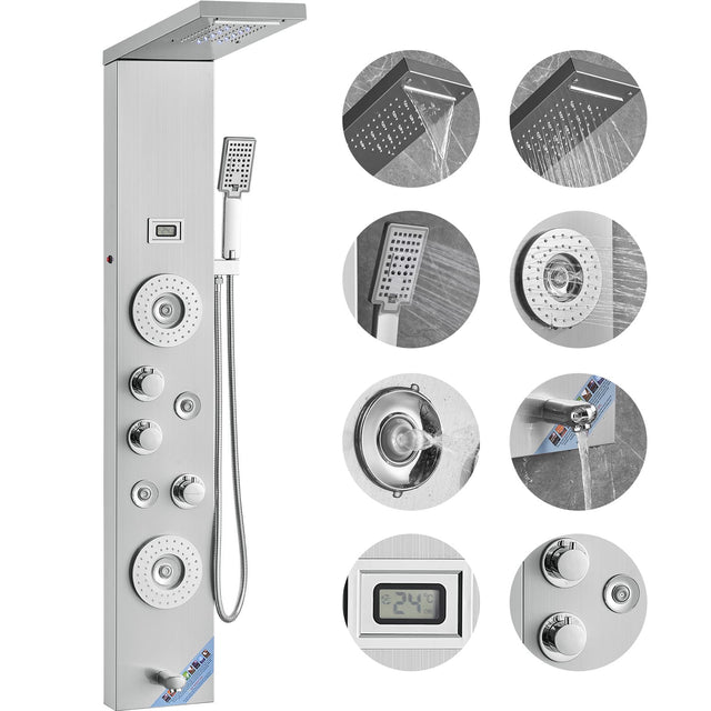 Front. VEVOR - Shower Panel System, 6 Shower Modes, LED & Display Shower Panel Tower, Rainfall, Waterfall,4 Body Massage Jets,Tub Spout - Silver.