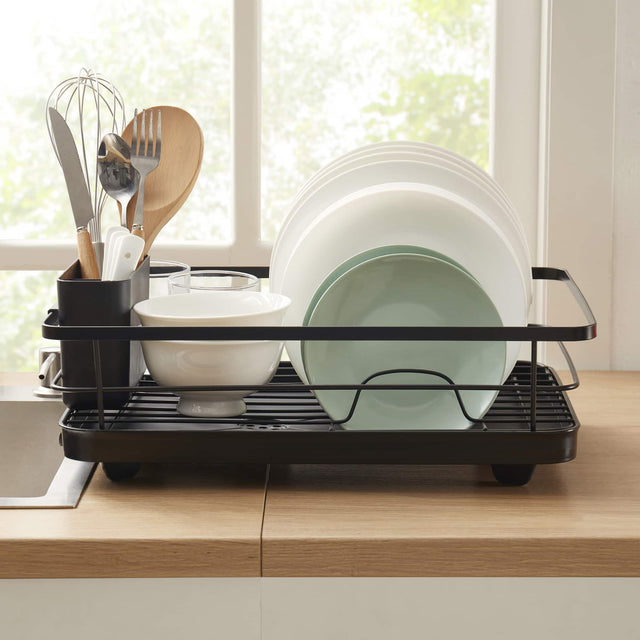 Front. Sweet Home Collection - 3-Piece Multi-Functional Dish Drying Rack with Drain Board & Utensil Holder - Black.