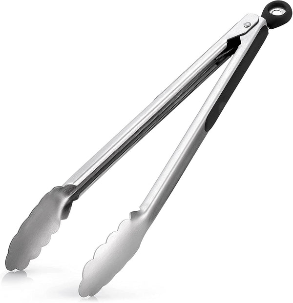 Zulay Kitchen - 12-Inch Stainless Steel Cooking Tongs with Locking Handle & Scalloped Grip - Black