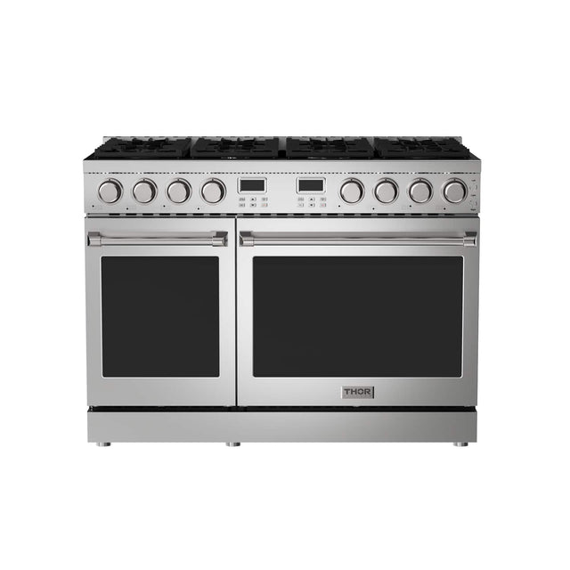 Front. Thor Kitchen - 48 in. Wide 8 Burner 7.6 Cu. Ft. Contemporary Freestanding Double Oven Gas Range - Stainless steel.