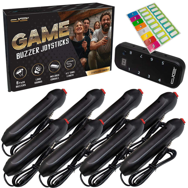 GAME BUZZER JOYSTICKS  
8 PACK BUZZERS  
LOUD SOUNDS  
INCLUDED CONSOLE  
4.5" CORD LENGTH  
2-0 PLAYER CONSOLE  
8 PACK SOUNDS BUZZERS  
1 2 3 4 5 6 7 8  
1 2 3 4 5 6 7 8