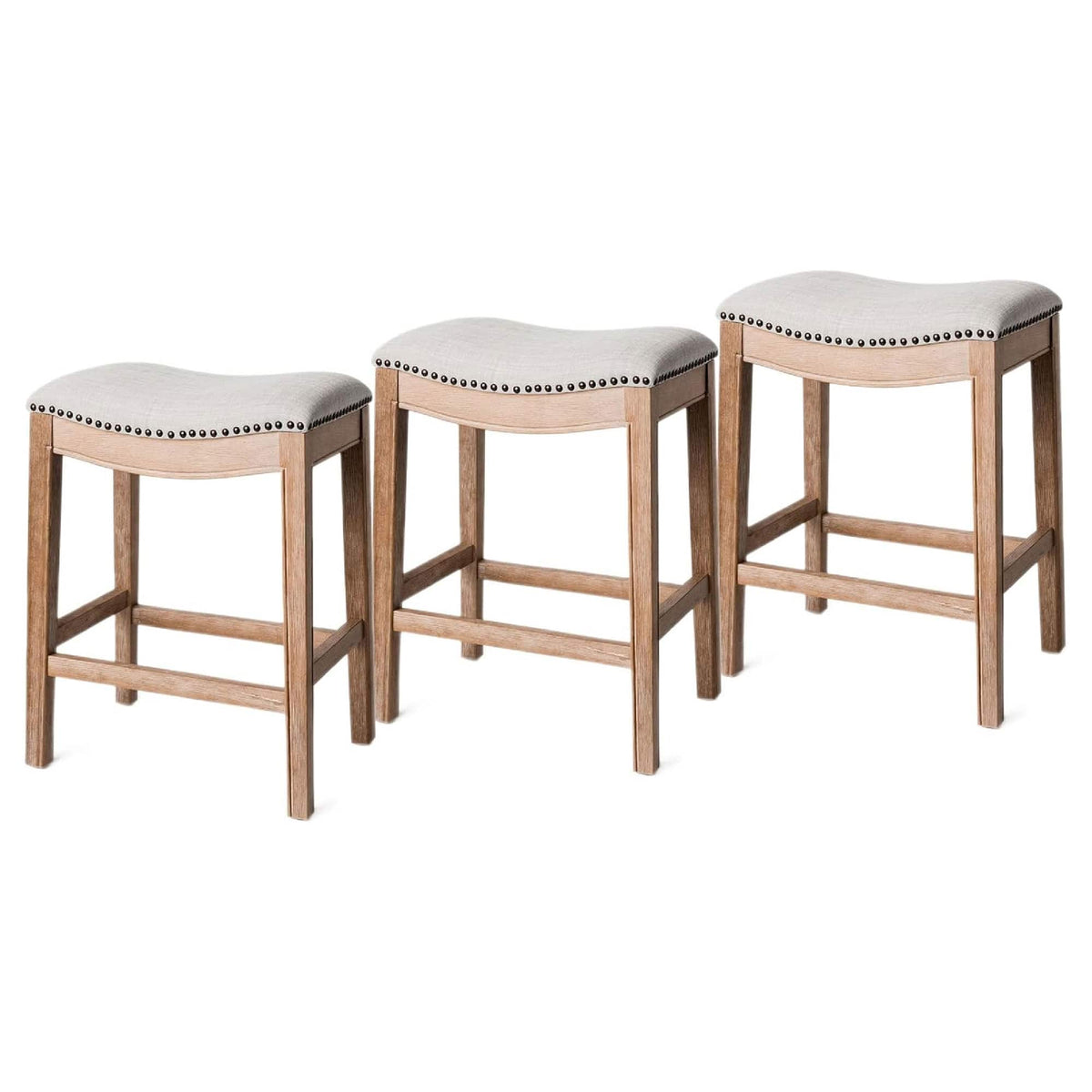 Maven Lane - Adrien Saddle Counter Stool Finish w/ Sand Color Fabric Upholstery, Set of 3 - Weathered Oak