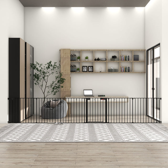 Front. Boyel Living - 150-Inch 6-Panel Configurable Dog Gate with Walk-Through Door - Black.