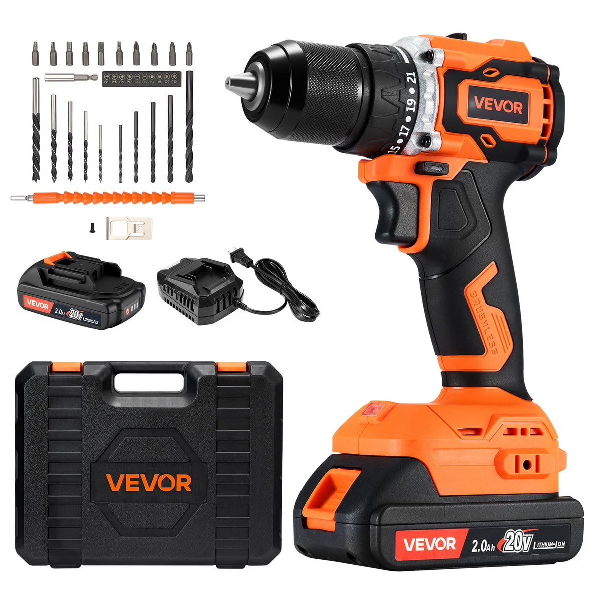 VEVOR - Cordless Drill Driver, 1/2 inch Metal Chuck, Brushless Motor, Dual-Speed Variable, with Lithium Battery and Charger - Orange, black
