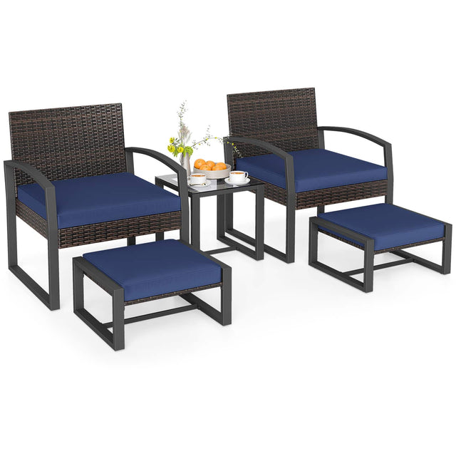 Front. Costway - Costway Outdoor Furniture Set, Patio Rattan Conversation Set for Balcony,Porch, Backyard - Mix Brown+Navy Blue.