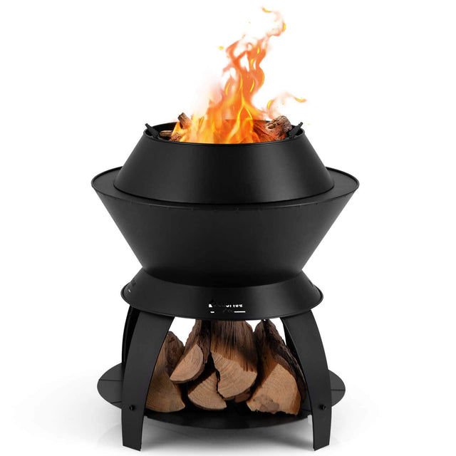 Front. Costway - 3-in-1 Patio Fire Pit 20" Metal Camping Fire Bowl w/ Pot Holder & Storage Shelf - Black.