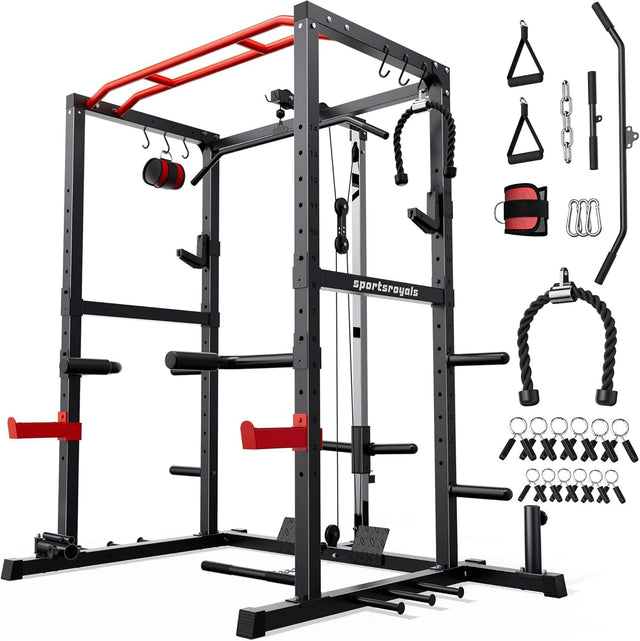 Front. FED Fitness - RK2 Power Rack Cage, Multi-Functional Workout Cage with J Hooks , Squat Rack with Pulley System & LAT Pull Down - Black/Red.
