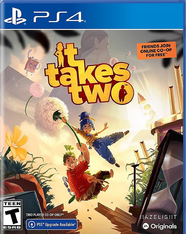 "It Takes Two" is a video game available on the PlayStation 4 and PlayStation 5. The game features a two-player co-op mode, where friends can join online to play together. The game is rated "Teen" and is an EA Originals title.