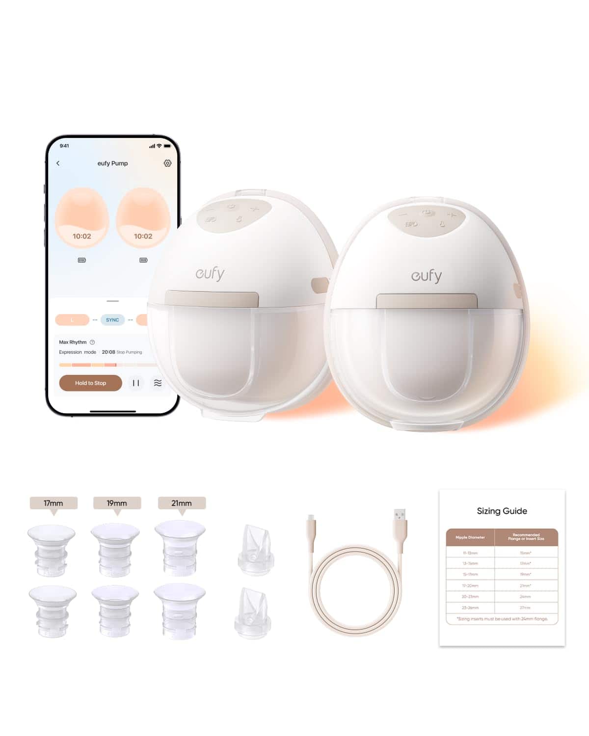 eufy - Heated Breast Pump E20, Hands‑Free In‑Bra, HeatFlow™ Tech, 3 Heat Levels, App Control, Hospital‑Grade, Leakproof, Quiet - Brown