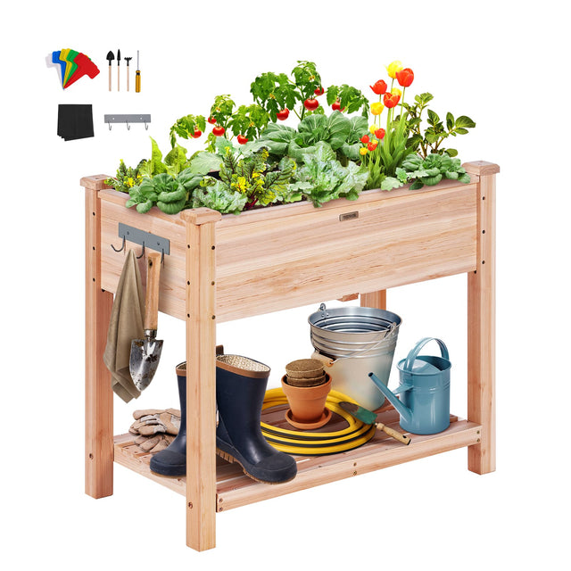 Front. VEVOR - Raised Garden Bed, 34 x 18 x 30 in Wooden Planter Box, Elevated Outdoor Planting Boxes with Legs, for Growing Flowers - Burlywood.