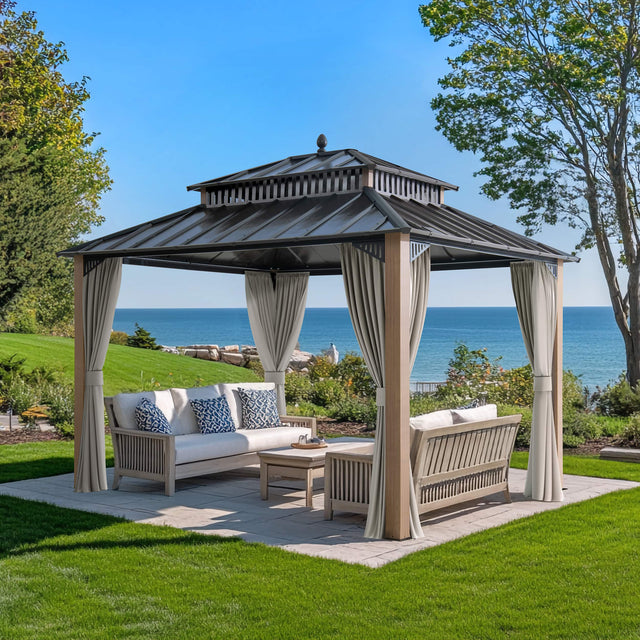 Front. SUNJOY - 12x10 Kingston Hardtop Rectangular Gazebo Wood Grain.