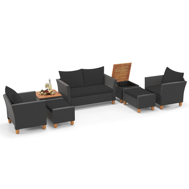 Front. Costway - Costway 7 PCS Patio Furniture Set with Loveseat Armchairs Ottomans & Storage Table - Black.