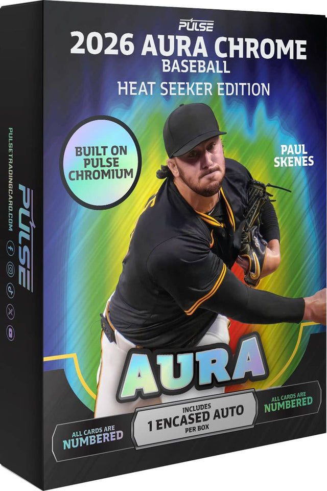 PULSETRADINGCARD.COM

PULSE X

PLSE 2026 AURA CHROME BASEBALL HEAT SEEKER EDITION

BUILT ON PAUL PULSE SKENES

CHROMIUM AURA

ALL CARDS ARE NUMBERED

1 ENCASED PER BOX

ALL CARDS ARE NUMBERED