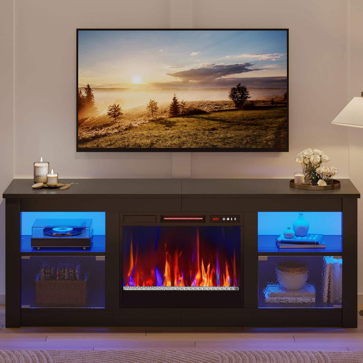 Bestier - 63" Gaming TV Stand with 23" Wide Fireplace & RGB Lights Storage Cabinet for up to 70" TVs Entertainment Center - Black