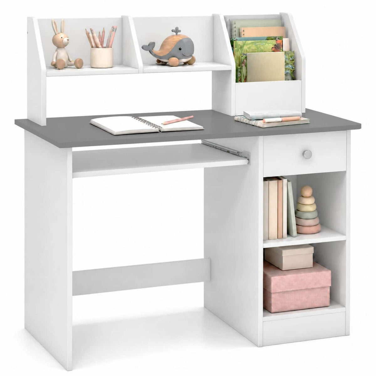Costway - Kids Study Desk with Keyboard Tray & Drawer, Side Bookshelf & Upper Shelves - White + Gray