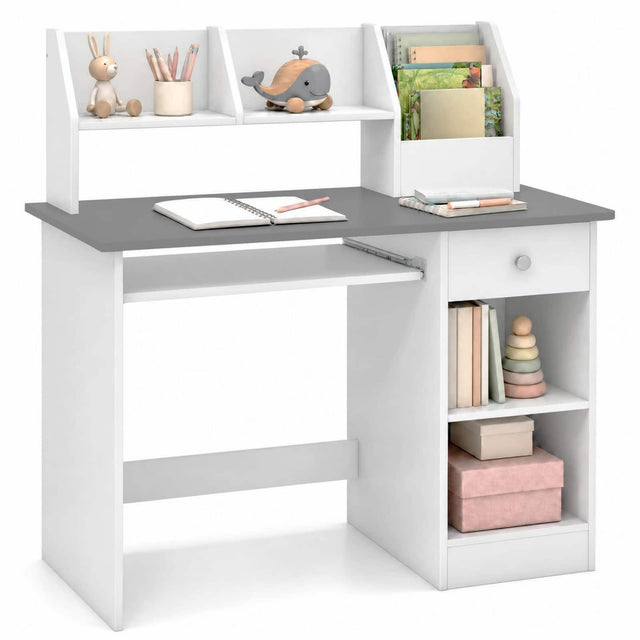 Front. Costway - Costway Kids Study Desk with Keyboard Tray & Drawer, Side Bookshelf & Upper Shelves - White + Gray.