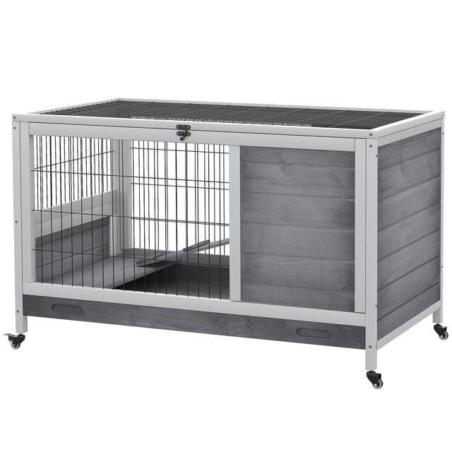 Front. Pawhut - Wooden Indoor Rabbit Hutch Elevated Cage Habitat with Enclosed Run with Wheels - Ideal for Rabbits and Guinea.
