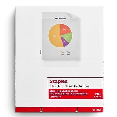 Staples  
Standard Sheet Protectors  
Clear, Top-Loading Sheets  
PVC and Acid Free - Archival Quality  
Letter Size  
200 Sheets  
$10.25  

Annual Sales  
22%  
34%  
7%
