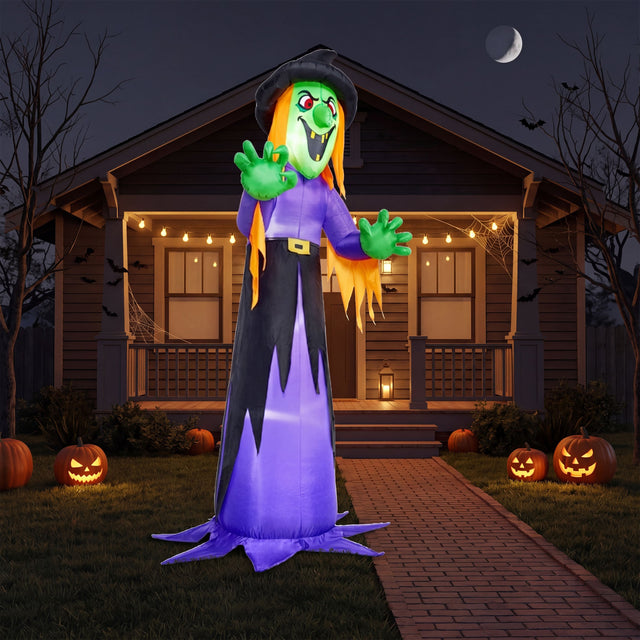 Front. Joyfy - 12FT Tall Witch Inflatable Halloween Decoration – Built-in LEDs for Yard, Garden, Lawn, Indoor & Outdoor Party Displays - Multicolor.