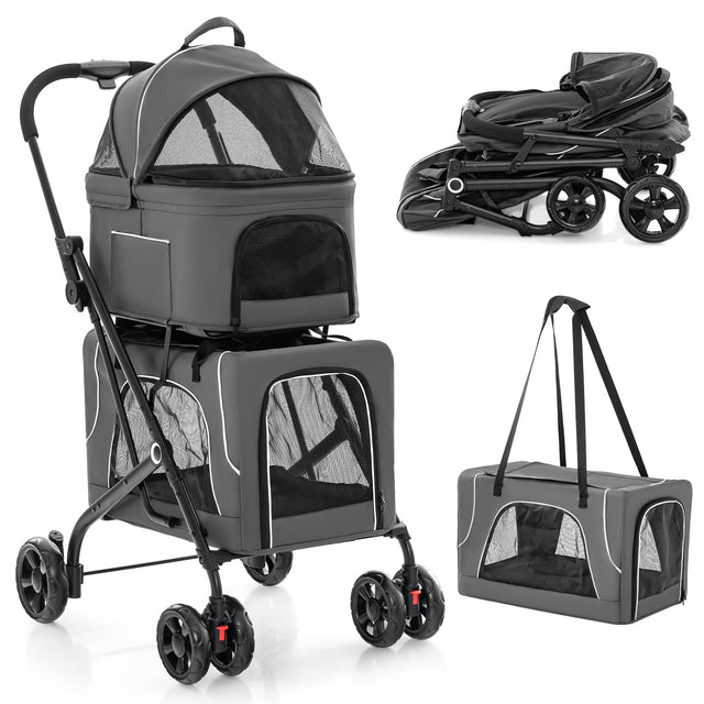 Front. Costway - Costway Double Pet Stroller for 2 Dogs or Cats w/ 2 Detachable Carriers Safety Belt - Gray.