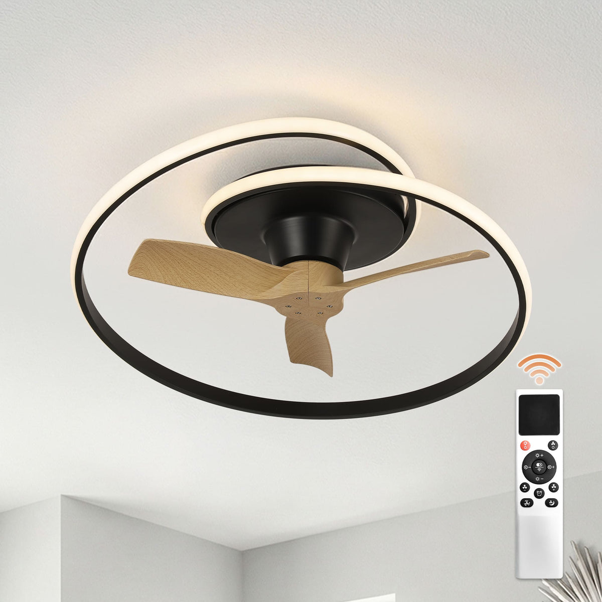 Vaczon - 30" Modern Spiral Ring LED Flush Mount Ceiling Fan with Light and Remote Control, Low-Profile Caged Ceiling Fan - Black