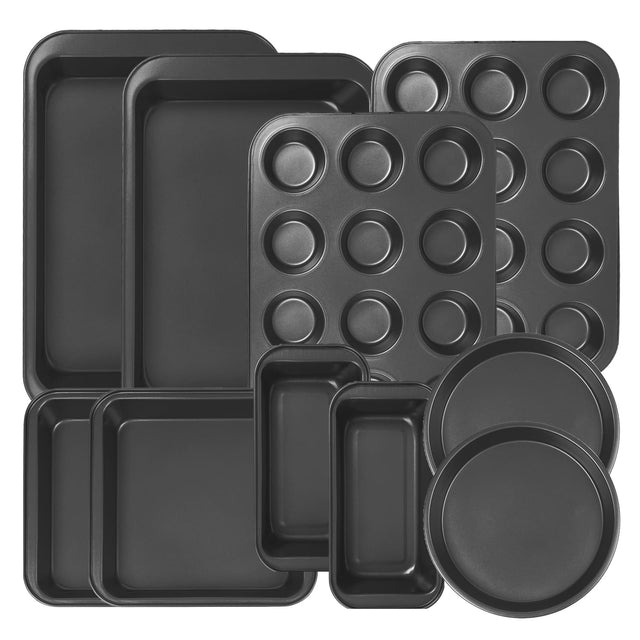 Front. KOOMADE - KOOMADE 10-Piece Nonstick Carbon Steel Baking Pan Set with Cookie Sheets, Cake Pans, Roasting Pan & More - black.