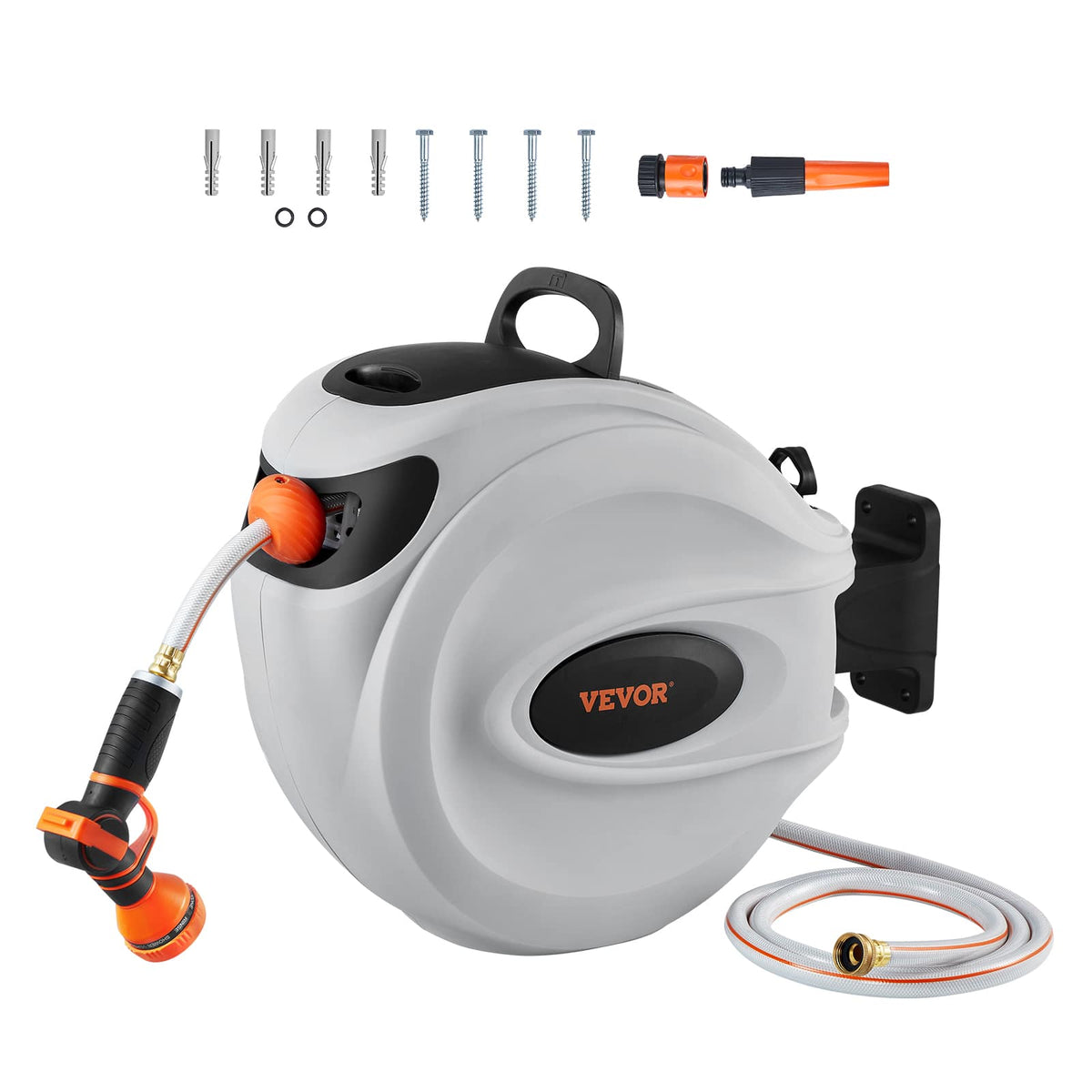 VEVOR - Retractable Hose Reel, 65 ft x 5/8 inch, 180° Swivel Bracket Wall-Mounted, Garden Water Hose Reel with 9-Pattern Nozzle - Dark Gray