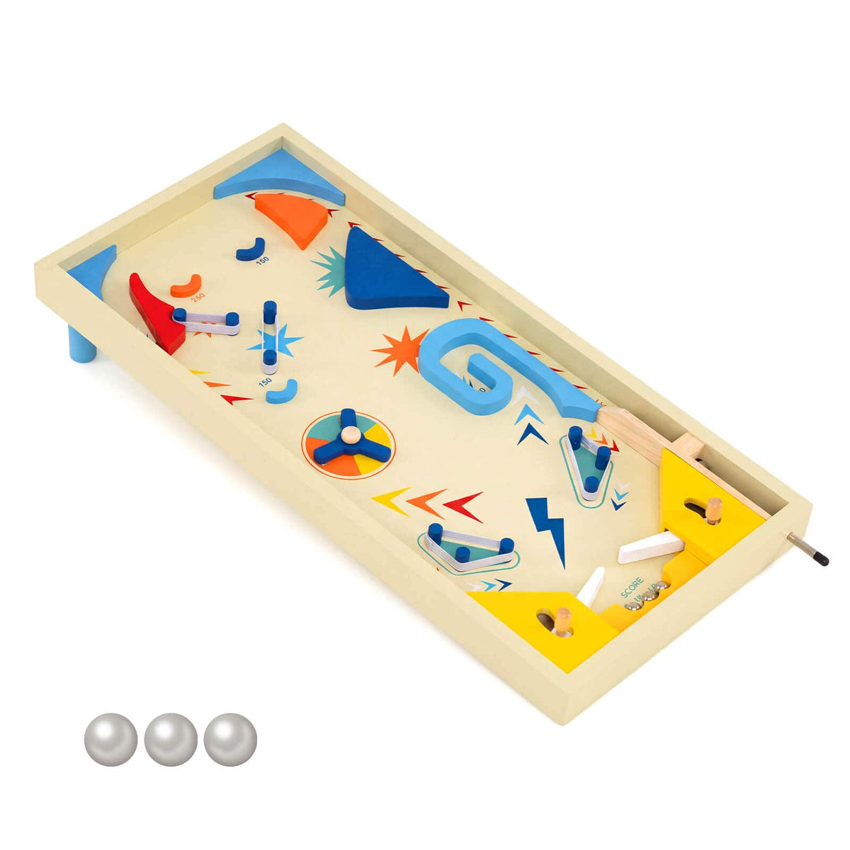 Costway - Wooden Pinball Machine with 3 Balls, for Kids 8+ & Adults, Marble Pinball Toy - Colorful