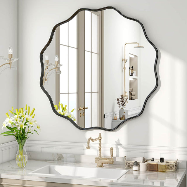 Front. Easly - Black 36 in. W x 36 in. H Round Aluminum Alloy Framed Vanity Wall Mirror - Black.