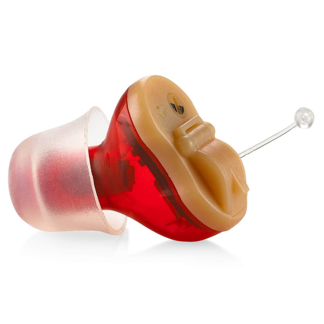 Front. MEDca - Premium Digital Hearing Amplifier - Invisible in Canal (CIC) In-Ear Mini Sound Enhancer - Right Ear, Red - MZ-38 - Red.