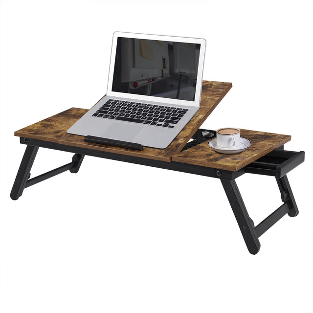 Front. Songmics Home - Laptop Desk, Bed Sofa Breakfast Tray, Adjustable Tilt Top, Right-Left Handed, Adjustable Folding Legs, Drawer - Rustic Dark Brown.