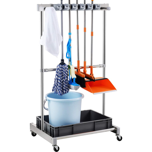 Front. VEVOR - Garden Tool Organizer, 10 Slots with Hooks, Yard Tool Tower Rack with Wheels for Garage Organization and Storage - Grey.