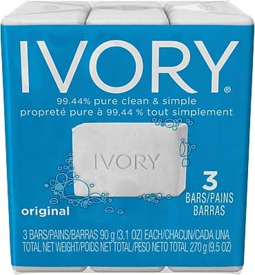IVORY  
99.44% pure clean & simple  
propreté pure à 99.44% tout simplement  

original  

3 BARS/PAINS/BARRAS  
3 BARS/PAINS/BARRAS 90 g (3.1 OZ) EACH/CHACUN/CADA UNA  

TOTAL NET WEIGHT/POIDS NET TOTAL/PESO NETO TOTAL 270 g (9.5 OZ)
