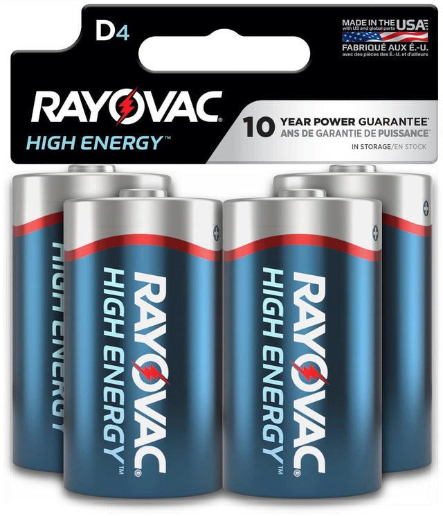 The text on the image reads: "D4 High Energy TM Rayovac 10 Year Power Guarantee."
