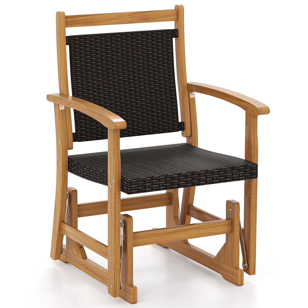 Gymax - Patio Rattan Glider Chair w/ Acacia Wood Frame & Wicker Seat Back Armrests - Mix Brown