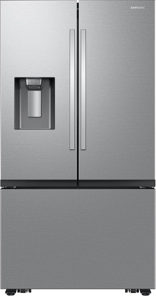 Front. Samsung - 36 in. Wide Bespoke 26 cu. ft. Counter Depth 3-Door French Door Refrigerator with External Water & Ice Dispenser - Stainless Steel.