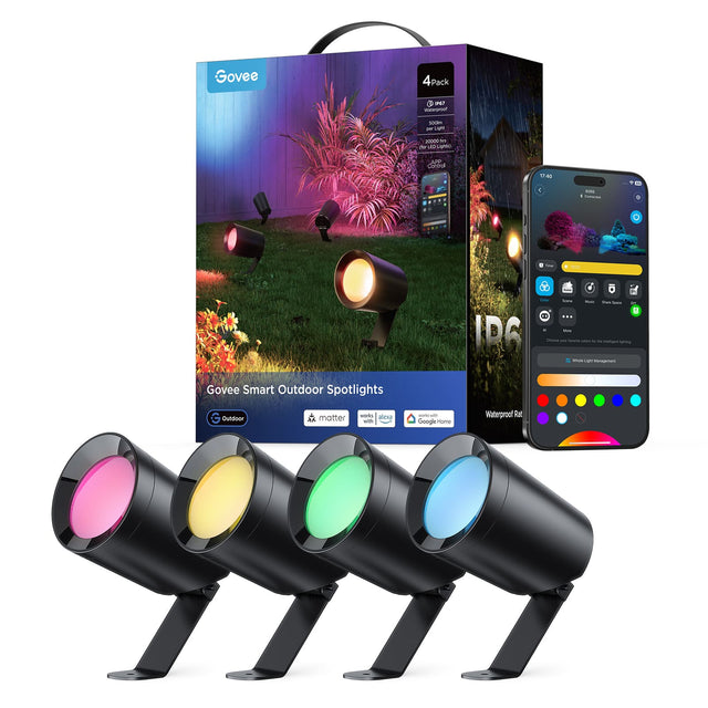 Govee Smart Outdoor Spotlights

4 Pack

IP65
Waterproof

20,000 mAh
for LED Lanterns

APP Control

Outdoor

Works with
Google Home

Waterproof Rating

Govee Smart Outdoor Spotlights

Outdoor

matter

Works with
Google Home

Waterproof Rating