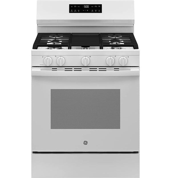 GE - 30 in. Wide 5 Burners 5.3 Cu. Ft. Freestanding Gas Range with Self-Clean and Steam Cleaning Option and Crisp Mode - White