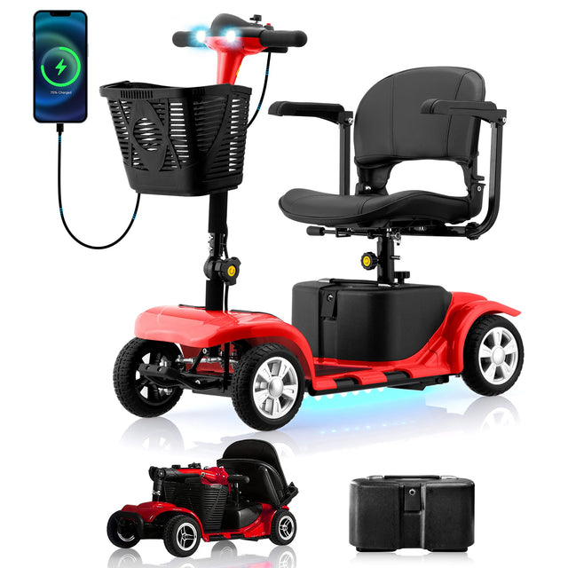 Front. Hover Heart - Foldable Electric Scooter for Seniors, with LED Headlights, Storage Basket & Rechargeable Battery,10 Mile Long Range - Red.