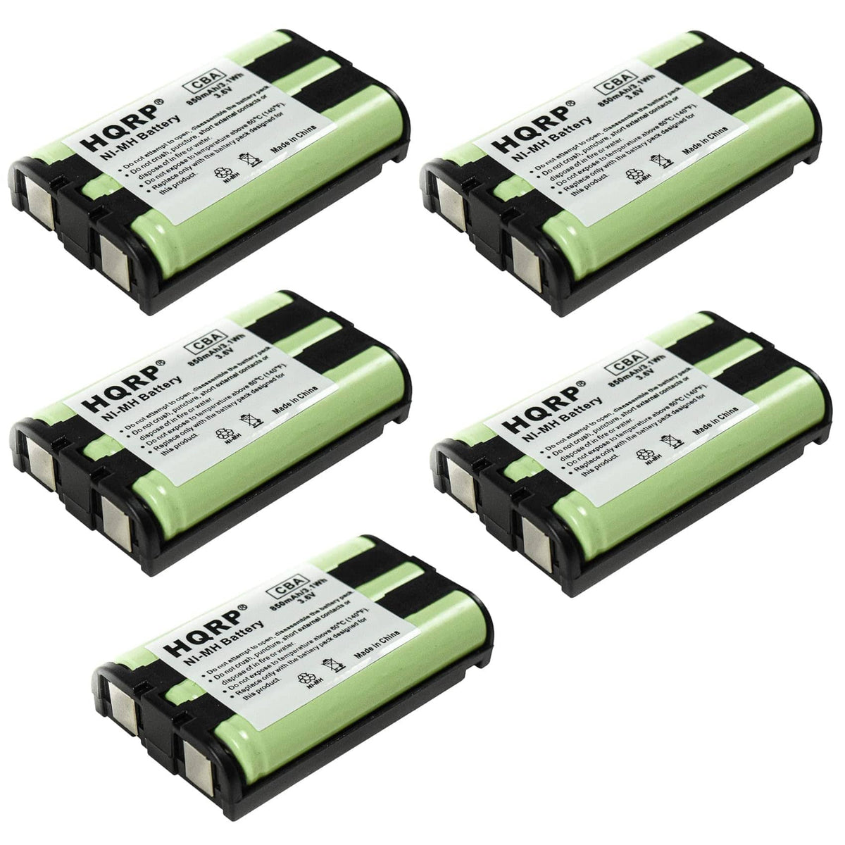 HQRP - 5-Pack 3.6 V 850 mAh NiMH Cordless Phone Battery Pack for Panasonic HHR-P104 KX-TG5230 Series