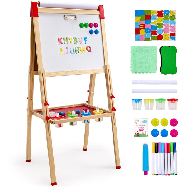 VEVOR - Art Easel for Kids, 3-in-1 Wooden Double-Sided Kid's Art Easel with Magnetic Whiteboard, Chalkboard & Paper Roll - Natural Wood Color