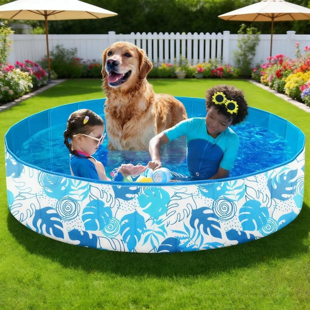 Joyfy - 48"x12" Foldable Dog Pet Pool, Portable Kids Doggie Pets Swimming Pool, Kiddie Bathing Tub for Indoor/Outdoor with Drain - Blue